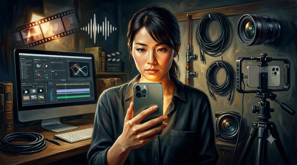 iPhoneでシネマティックな映像を制作する、真剣な日本人女性映画制作者の姿。