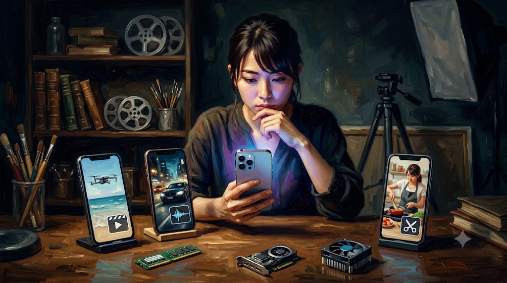 用途とソフト(Vlog、映画、YouTube)を象徴する複数のiPhone画面を前に、手に持ったiPhoneを操作しながらスペック選択に悩む日本人女性