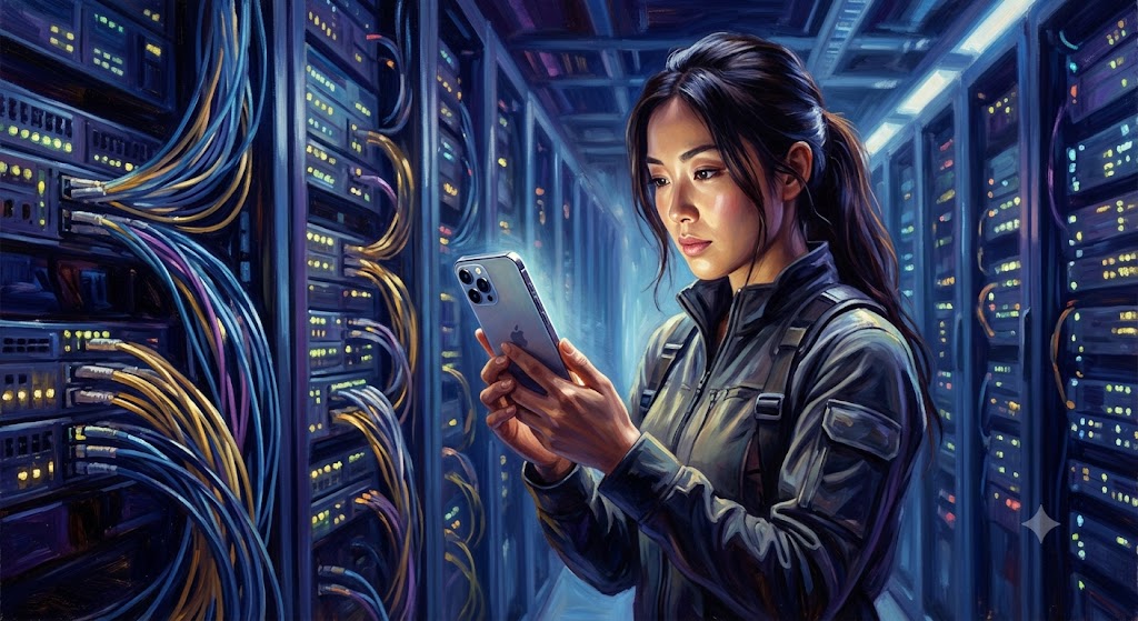 データセンターで、日本人女性がiPhoneを操作しながら大規模なネットワークインフラと向き合っている、重い動画ファイルを快適に扱うためのインフラを象徴する光景。
