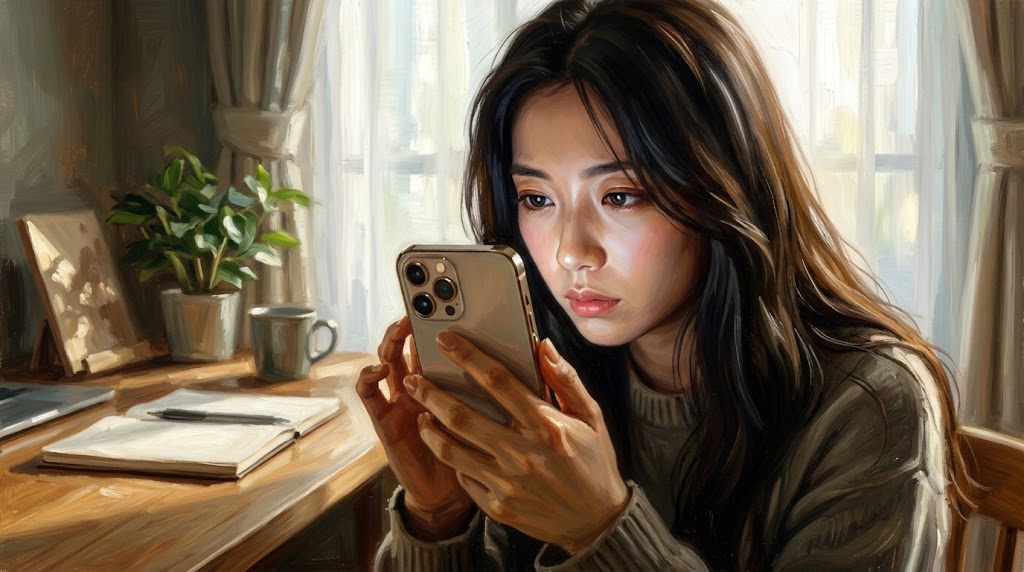 明るい自宅のデスクで、ロングヘアーの日本人女性がiPhoneを顔に近づけ、カメラレンズ周辺を真剣に観察している