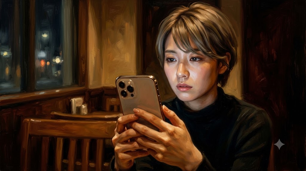 薄暗いカフェで、ショートカットの日本人女性が困惑した表情でiPhoneの画面を見つめている