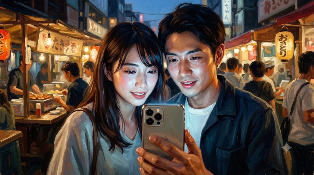ライブ前にiPhoneカメラの設定を確認しているカップル