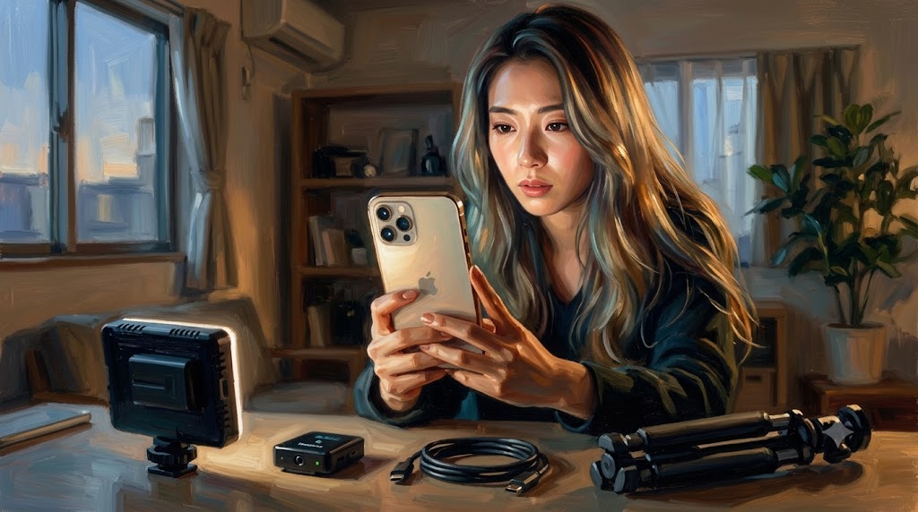 屋内でロングヘアーの日本人女性が、iPhoneの画面を見つめながら、机の上の小型三脚やマイク、LEDライトを確認して、ライブ動画撮影の事前準備をする様子