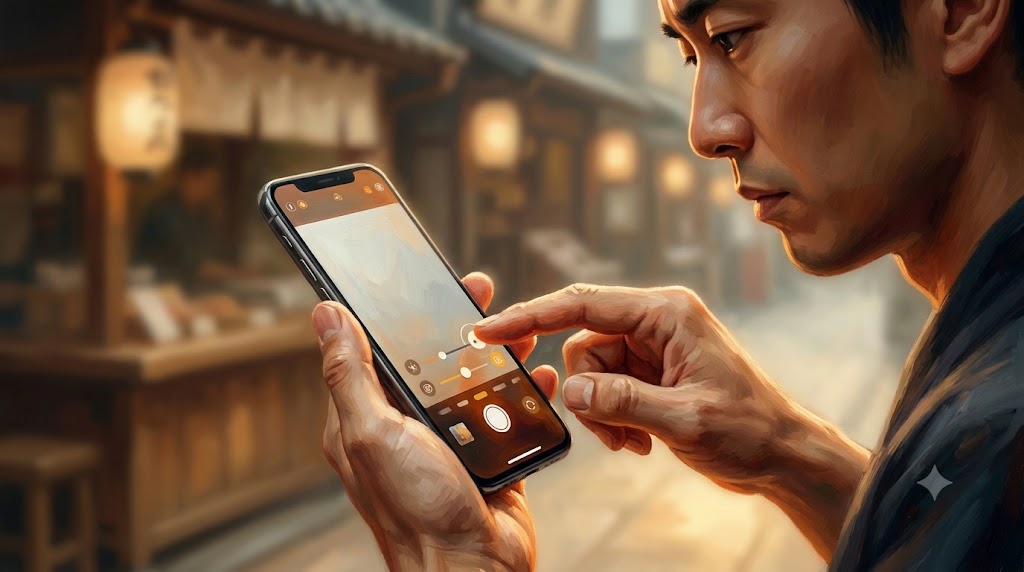 iPhoneで動画の背景ぼかし機能を設定する日本人クリエイターの手元