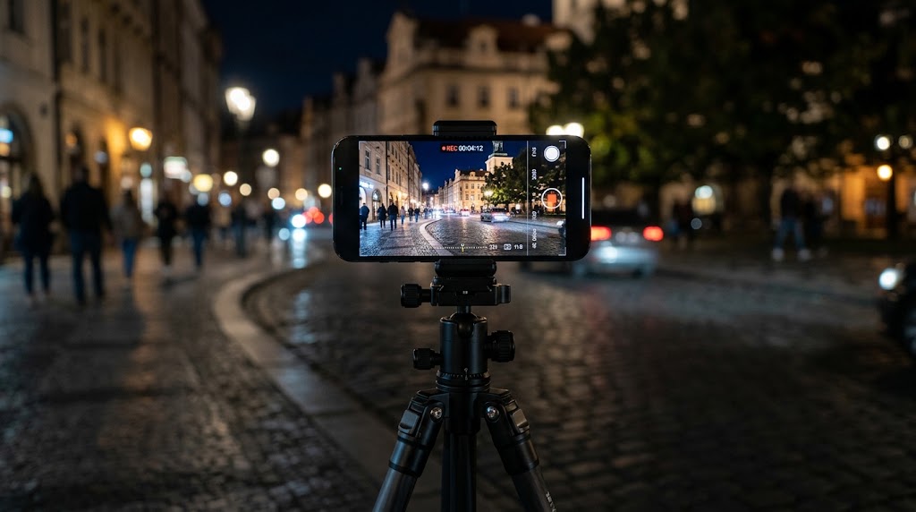暗い場所で三脚に固定して夜景を撮影するスマートフォン