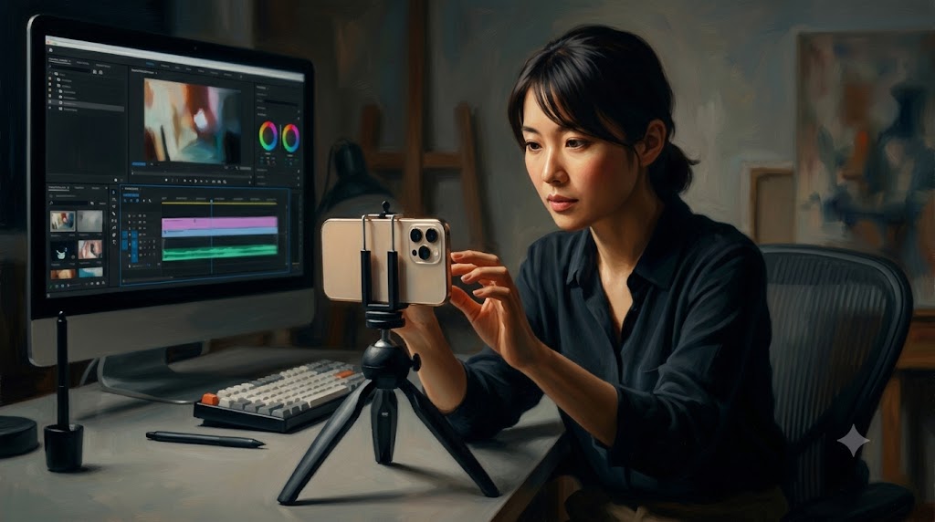 iPhoneでVlogを編集し、プロ並みの仕上がりを目指して作業する日本人女性。