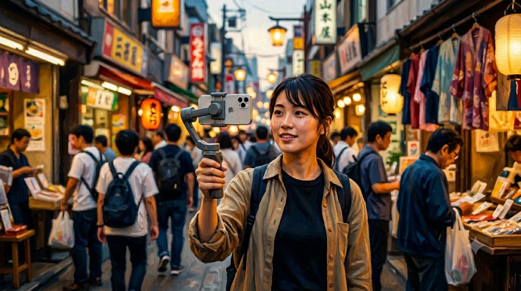 活気ある商店街の人混みの中でiPhoneを使ってシネマティックなVlogを撮影する日本人女性クリエイター