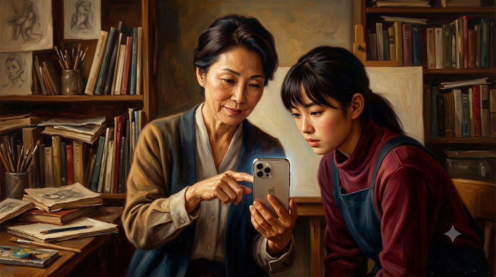 書物が並ぶアトリエで、プロフェッショナルな女性メンターがiPhoneを使い、若い日本人女性の生徒に熱心に技術を指導している、スキルアップの様子。