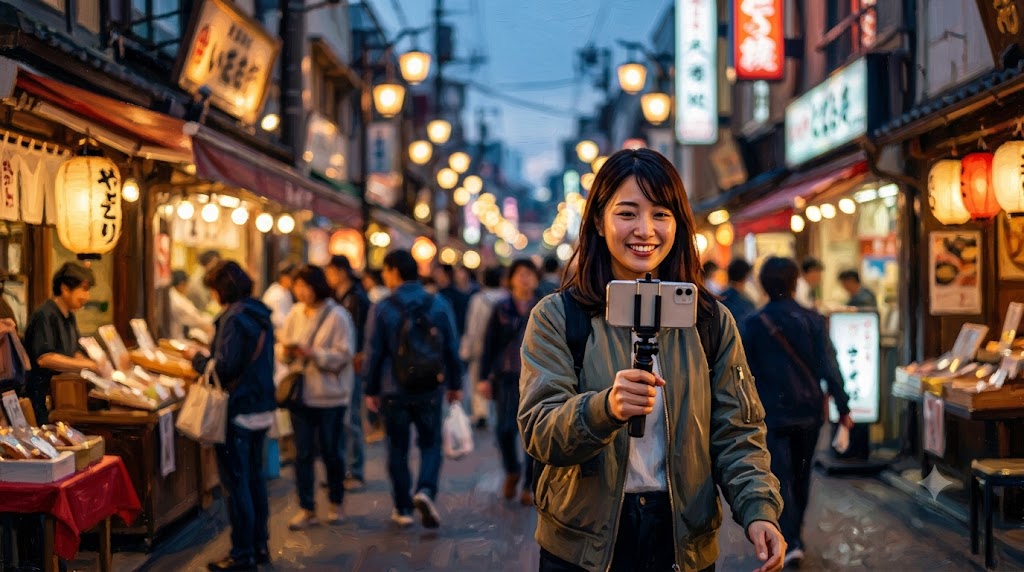 夕暮れ時の賑やかな日本の商店街で、日本人女性がVlog撮影用にiPhoneを構えている