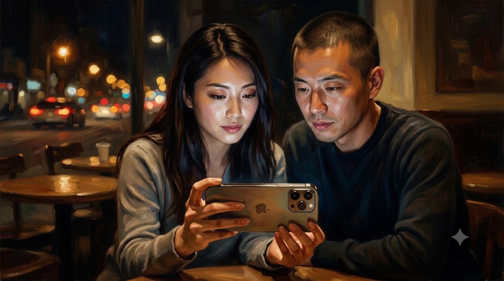 夜の都会を背景に、横持ちにしたiPhoneの画面を一緒に覗き込み、動画撮影機能を検討する日本人女性と男性のカップル