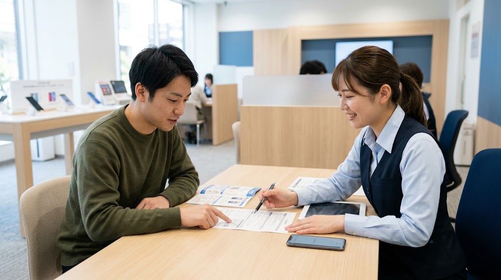 携帯ショップのカウンターでスタッフに相談や質問をする様子