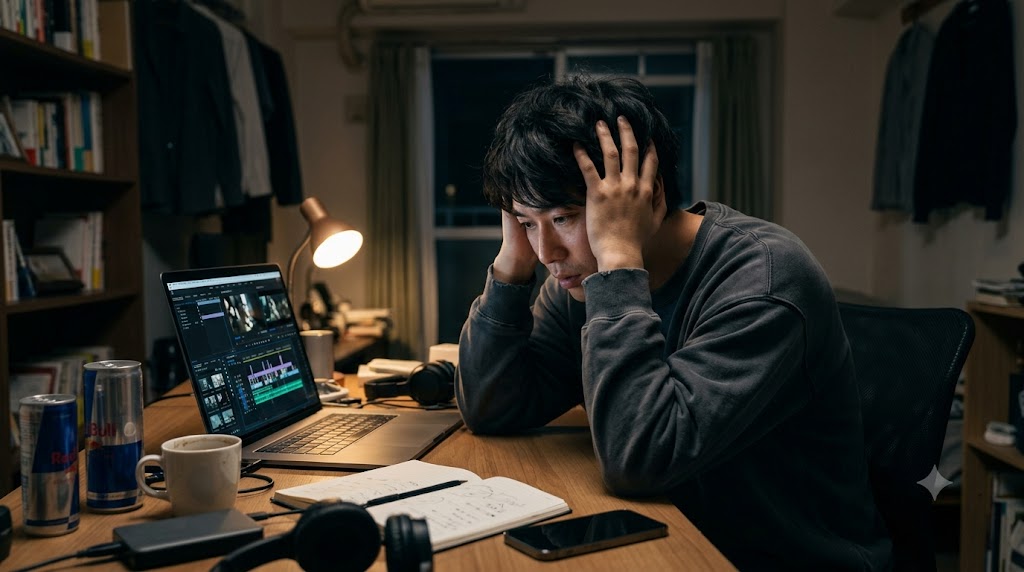 雑然としたデスクで、頭を抱えながら動画編集を行う男性