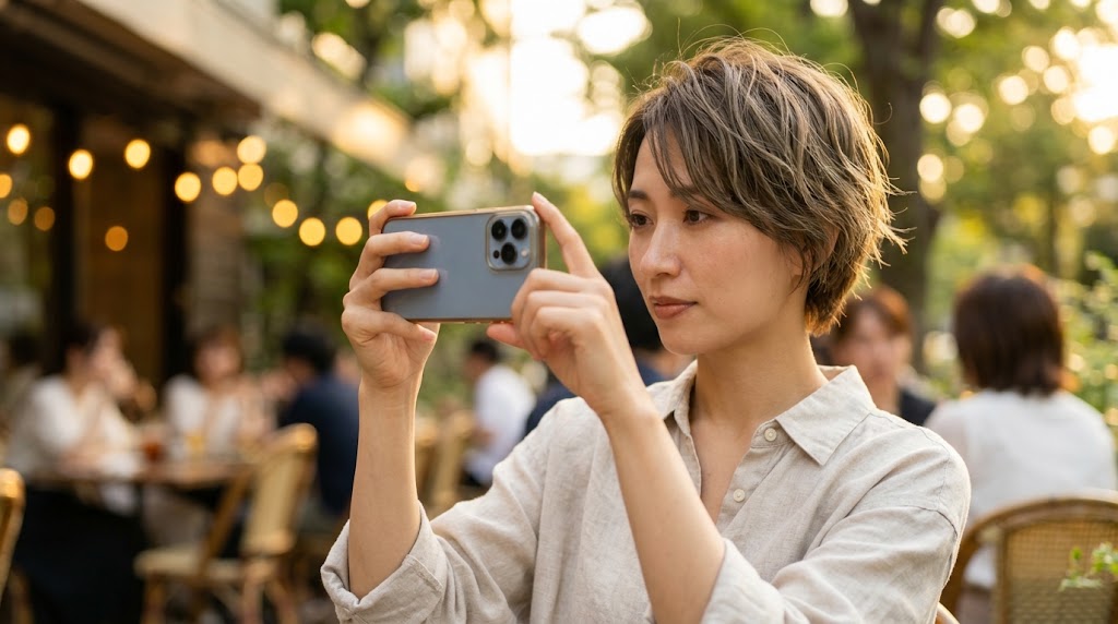 ポートレートモードで背景をぼかしながら撮影する女性
