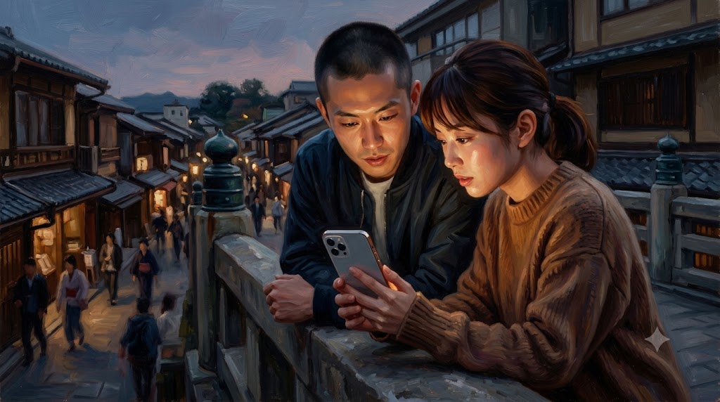 iPhoneを手持ちで構え、画面に映る作例を二人で見つめて議論する日本人男女
