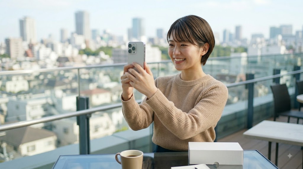 新しいiPhoneで楽しそうに動画撮影をする女性