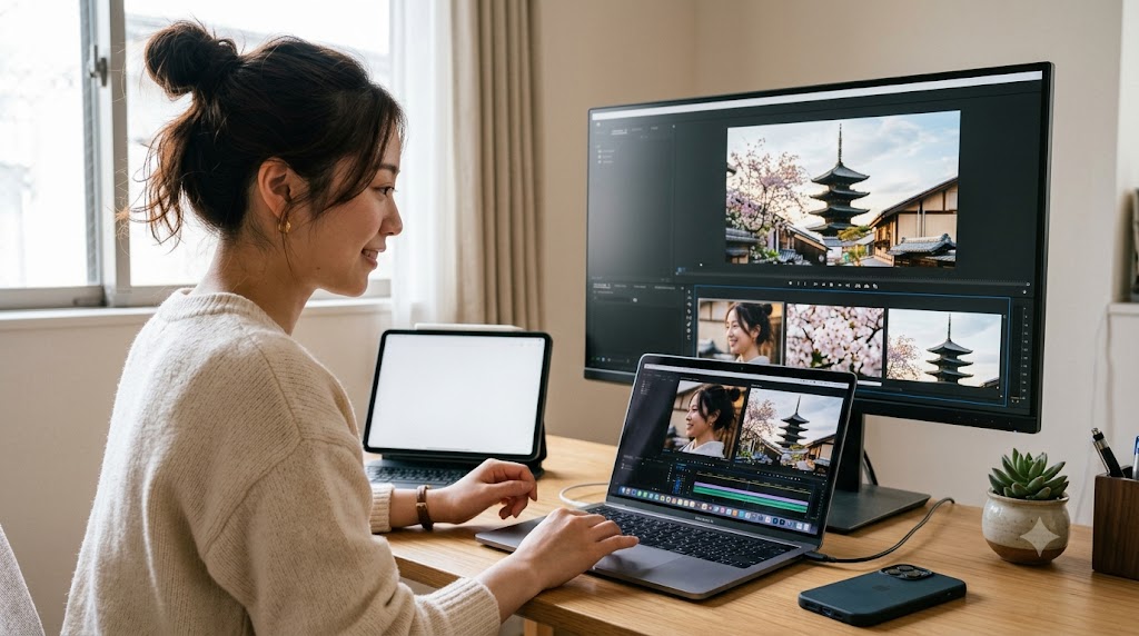 PC（Mac）を使ってiPhoneの4K動画から京都の桜と五重塔の高画質な写真を切り出し、編集する日本人女性の様子