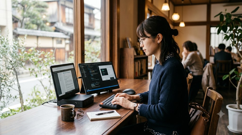 カフェで小型デスクトップパソコンとモバイルモニターを使って作業する女性