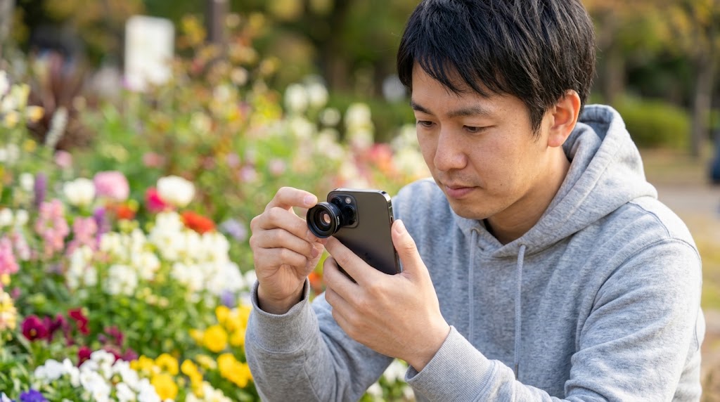 マクロレンズを装着して花をクローズアップ撮影する様子