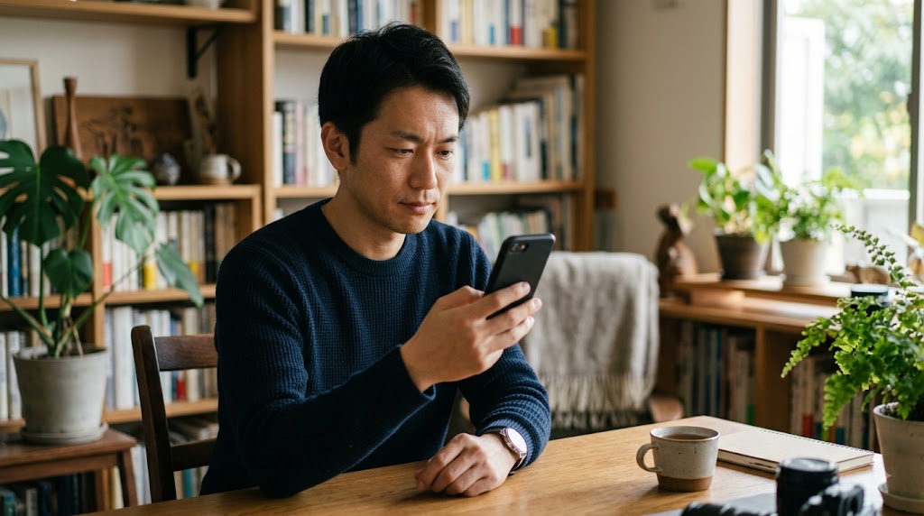 スマートフォンの画面を見て悩んでいる男性