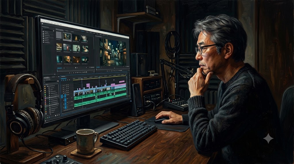 大きなモニターが並ぶデスクトップパソコンで動画編集の分析をしている男性