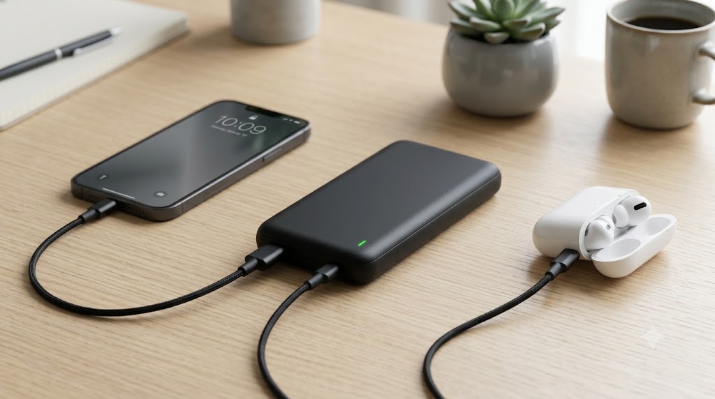 デスクでiPhoneとワイヤレスイヤホンを同時に充電するモバイルバッテリー