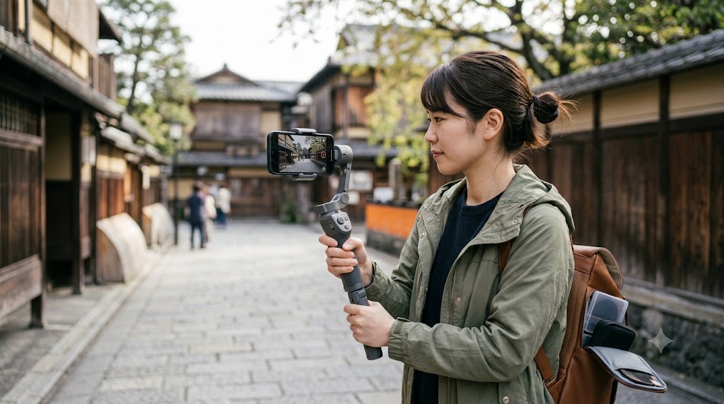 屋外でスマートフォンの画面を顔に向けアウトカメラで動画撮影をする女性