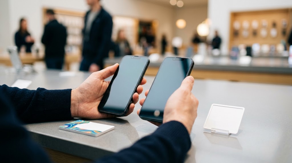 店頭のカウンターでスマートフォンの価格やプランを比較検討する様子