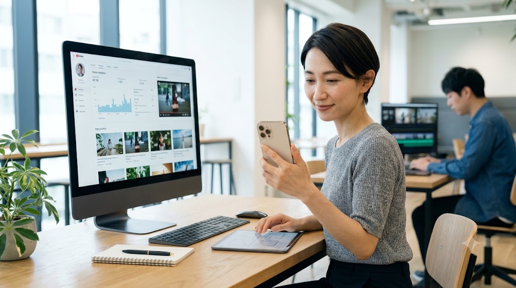 自信に満ちた女性が、コワーキングスペースでディレクション業務を行う