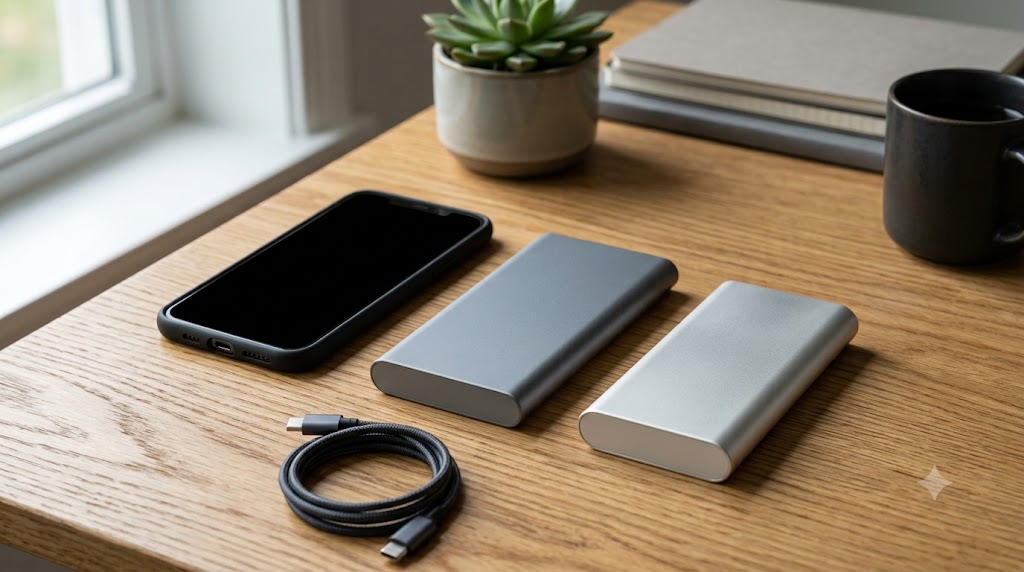 デスクの上に並べられた様々な種類のモバイルバッテリーとiPhone