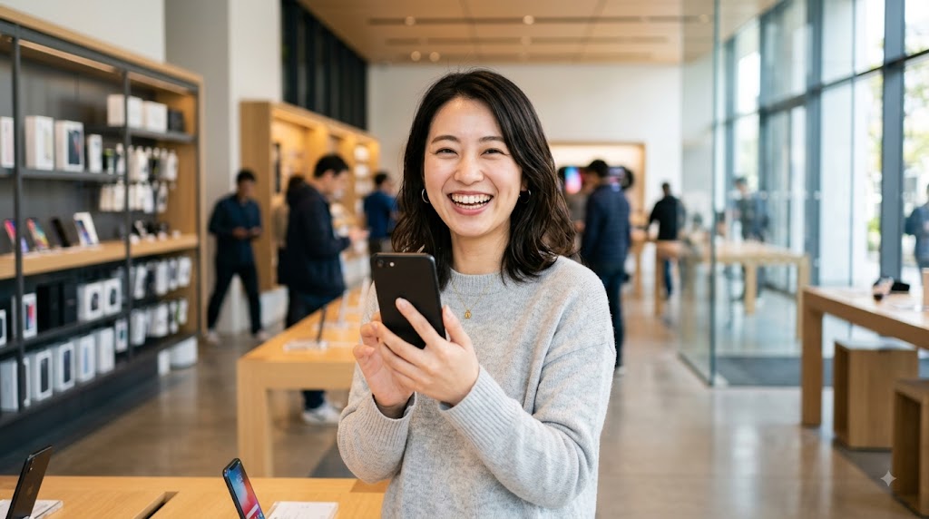 明るい店舗で新しいスマートフォンを手にして喜ぶ女性